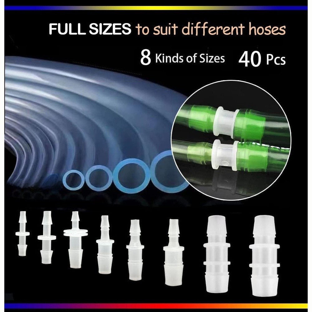 40pcs Polypropylene Hose Barb Connectors for Aquarium Tubing 8 Size Variants