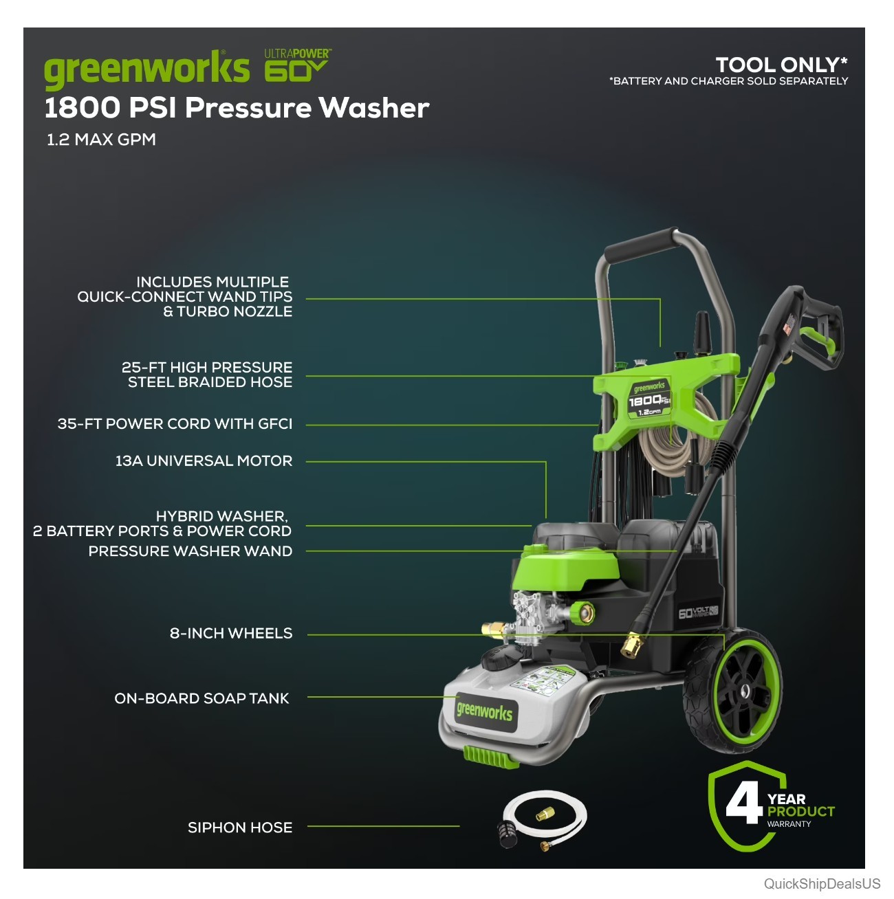 Pressure Washer 1800 PSI 1.2 GPM 60V Hybrid Electric Cordless Battery Compatible