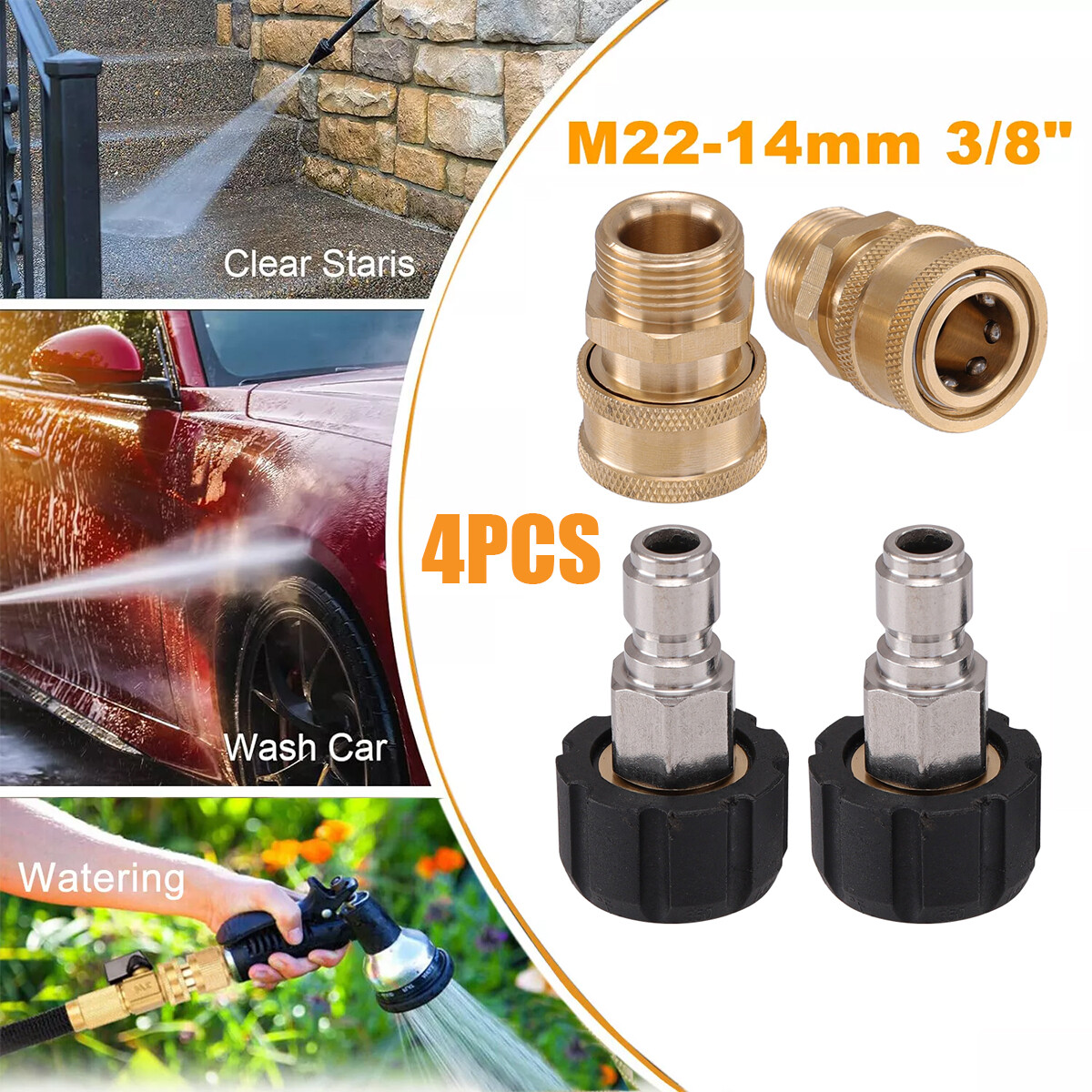 4PCS Pressure Washer Adapter Set Quick Disconnect M22 Swivel to 3/8” Connect