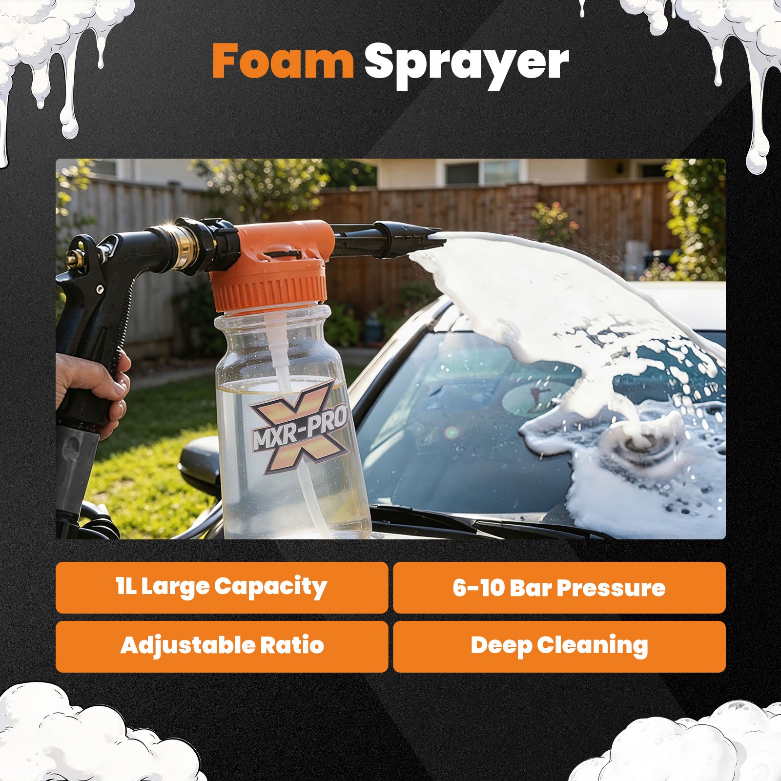 1L Foam Cannon for Car Wash Snow Foam Lance Plastic 3/4′ Thread 6-10 Bar