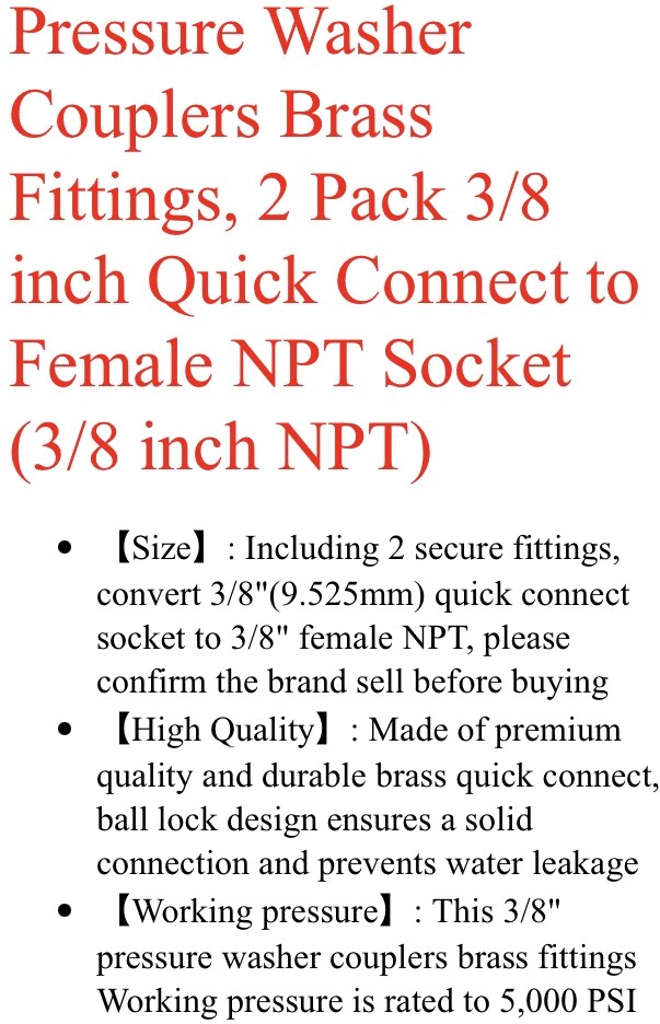 Pressure Washer Couplers Brass Fittings 2 Pack 3/8 Inch Quick Connect To Female