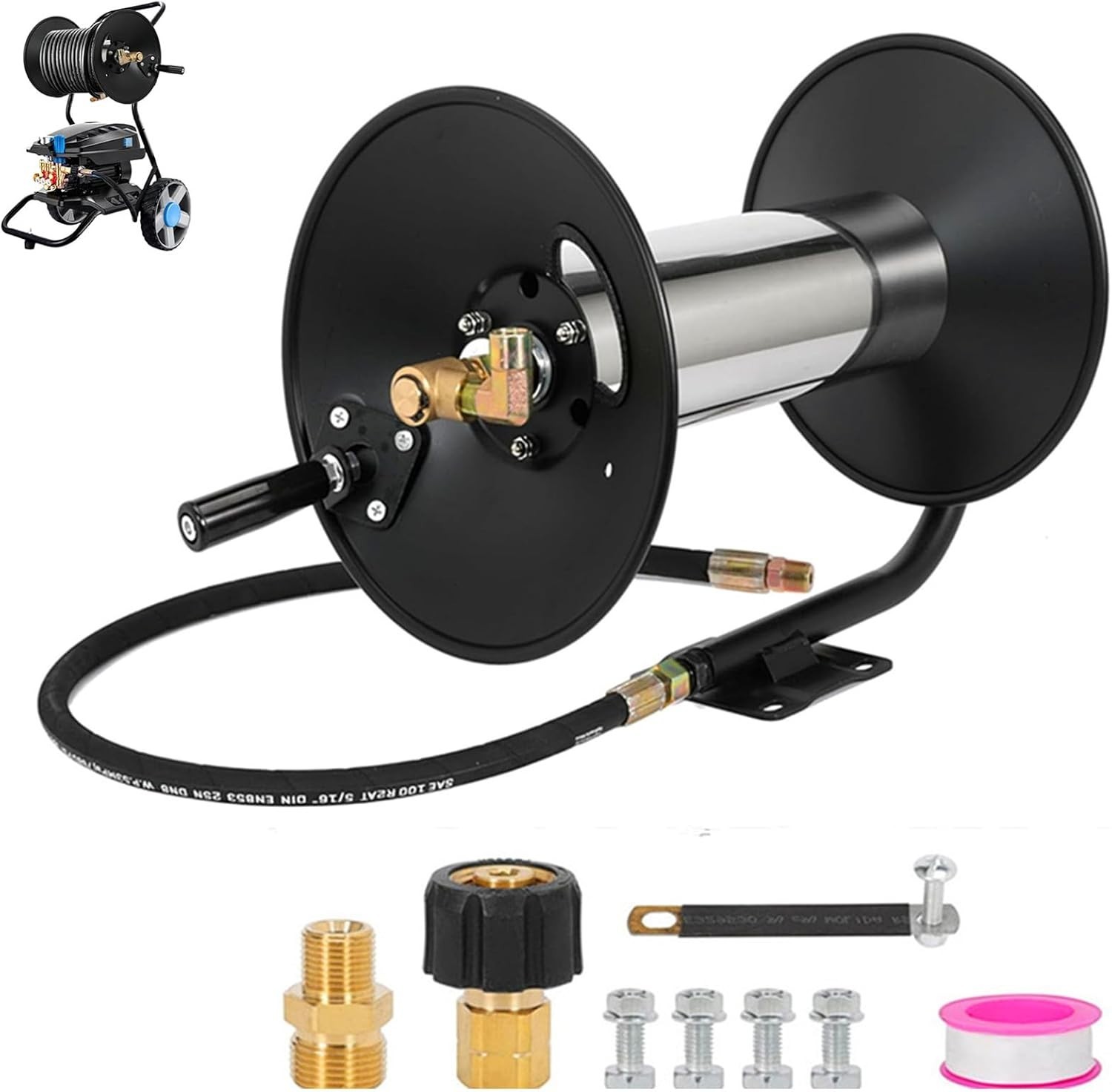 4000 PSI 100FT Heavy-Duty Steel Pressure Washer Reel, 3/8″ NPT w/ Hand Crank