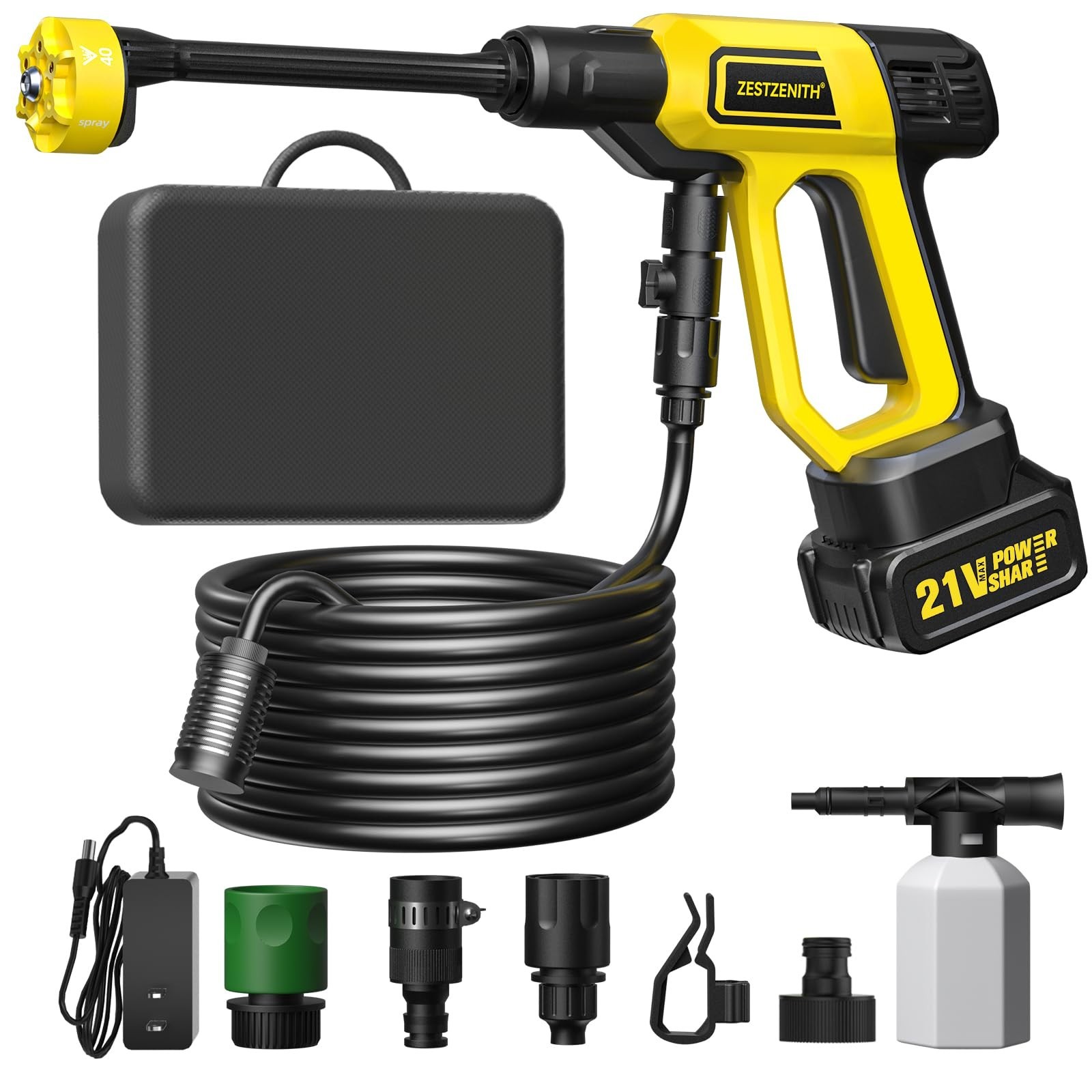 Portable Cordless Pressure Washer, 1100 PSI Handheld, 21V Battery, 6 Nozzles, Fo
