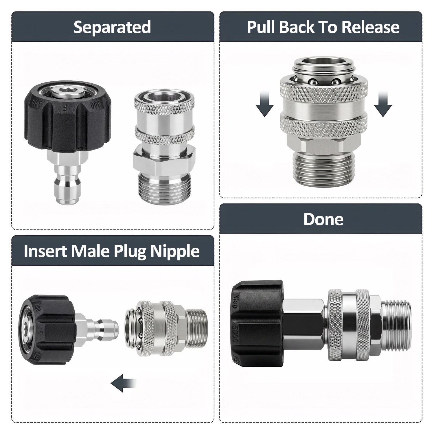 4Pc Pressure Washer Adapter Set Quick Disconnect Kit M22 Swivel to 3/8” Connect