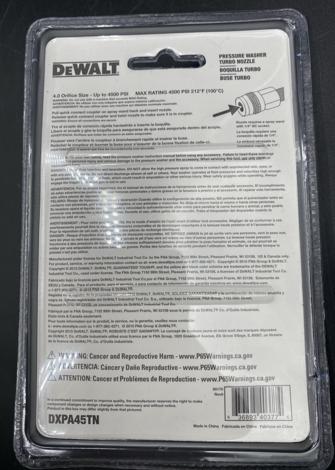 Pressure Washer Turbo Spray Nozzle Dewalt DXPA45TN 4500 PSI