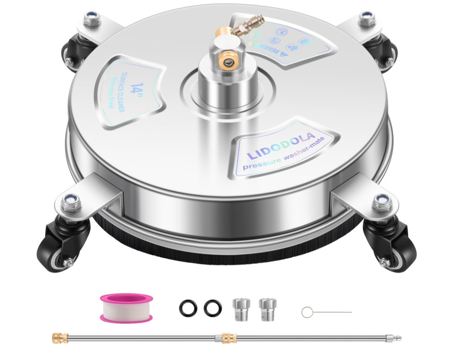 Limpiador de superficies 14″ con 4 ruedas para hidrolimpiadora, acero inoxidable