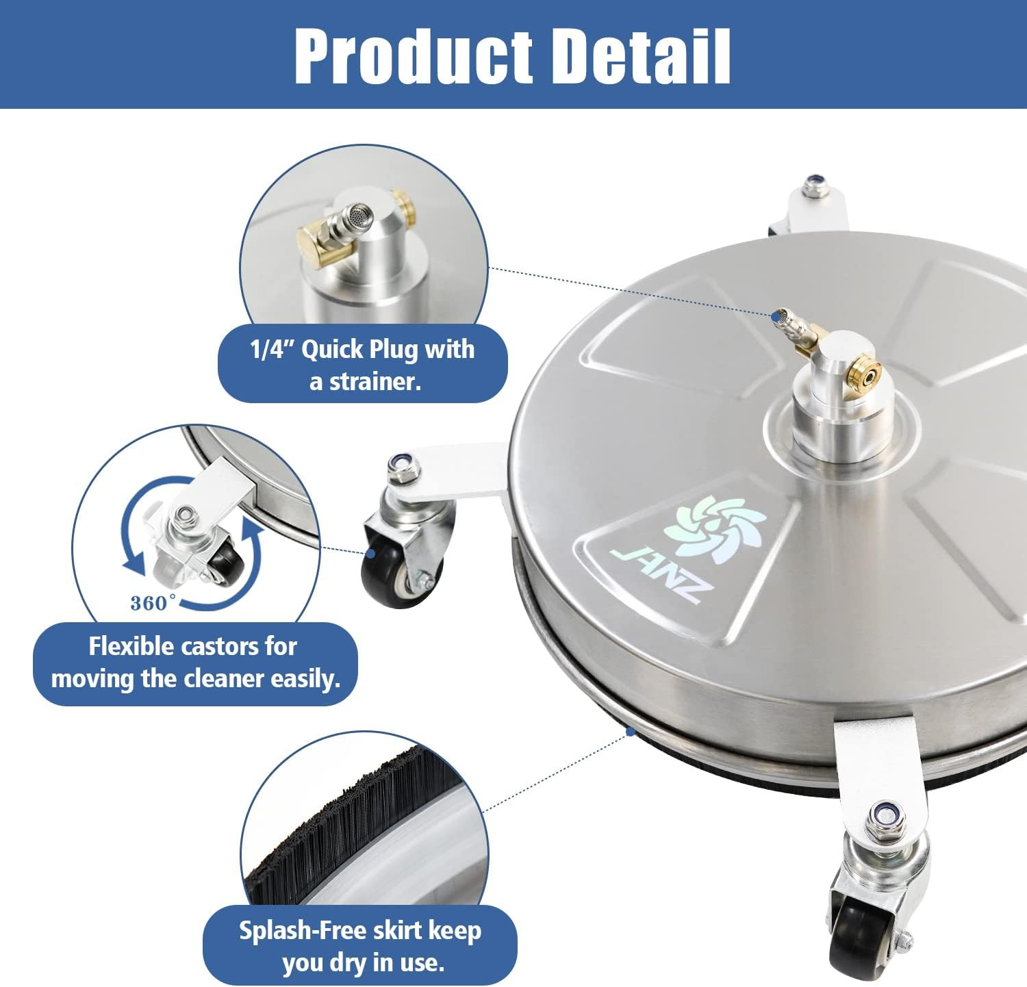 16″ Pressure Washer Surface Cleaner with 4 Wheels, Stainless Steel Housing, 1/4″