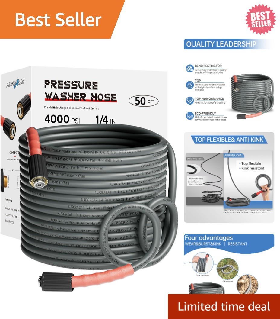 Heavy-Duty 50FT Pressure Washer Hose, Kink Resistant, M22 Fittings – 4000 PSI