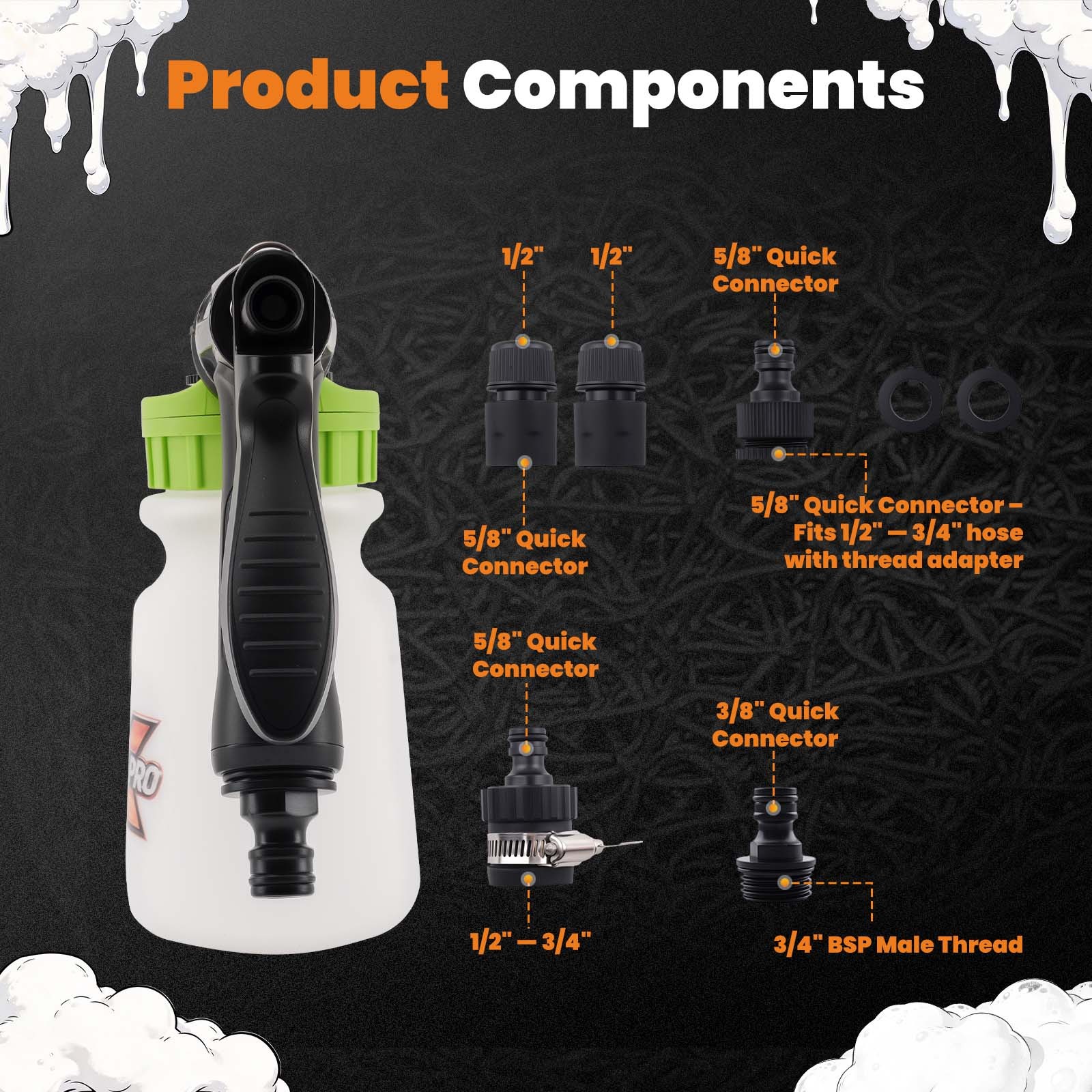 1L Foam Gun Kit for Car Cleaning Hose 5/8′ Quick Connector Plastic Nozzle