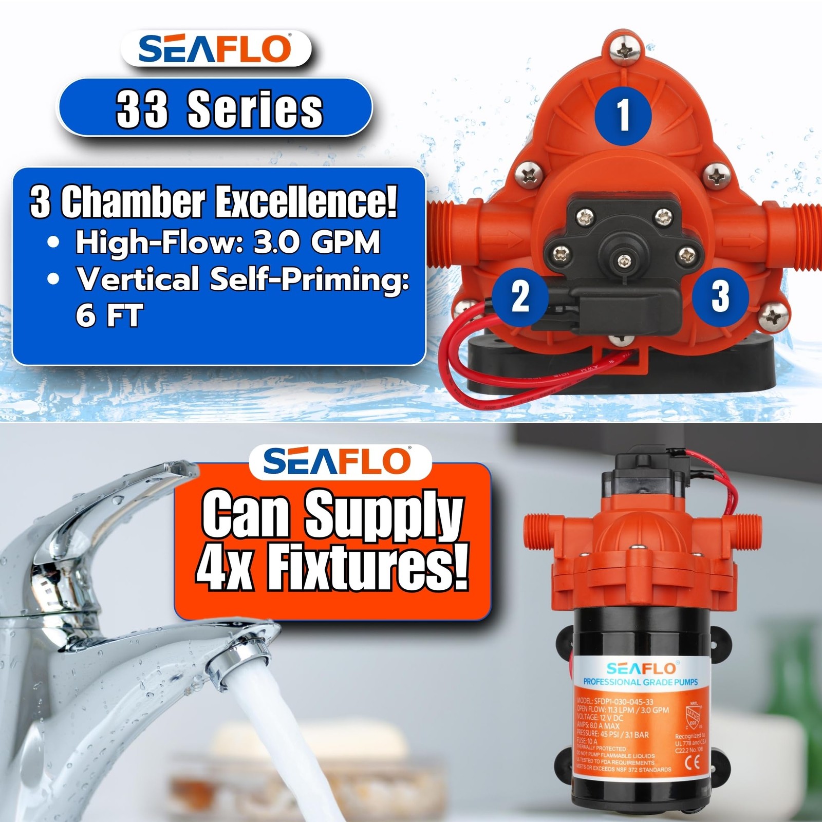 12V 3.0 GPM 45 PSI Water Diaphragm Pressure Pump – 4 Year Warranty!!!