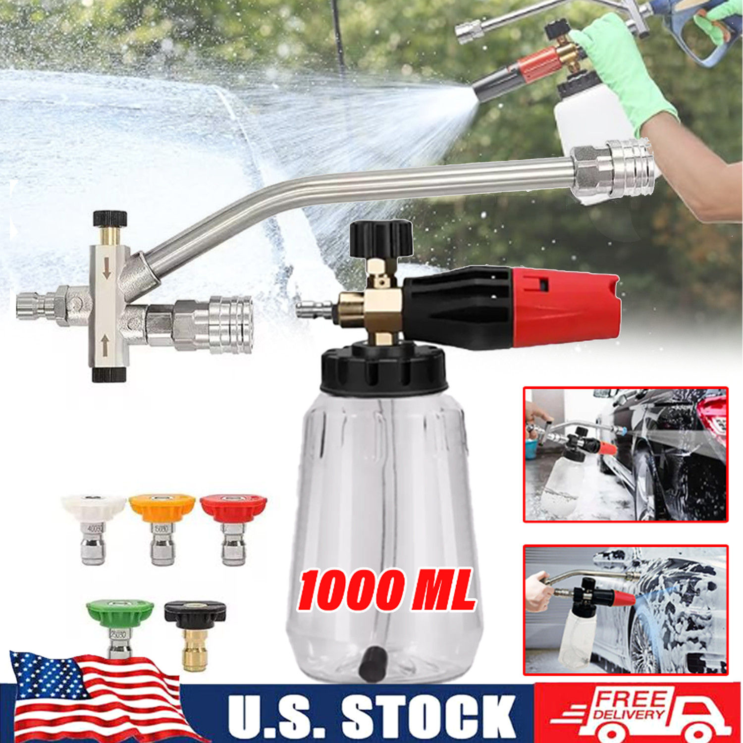 For Pressure Washer Gun Car Foam Cannon + Dual-Connector Double Tip Attachment