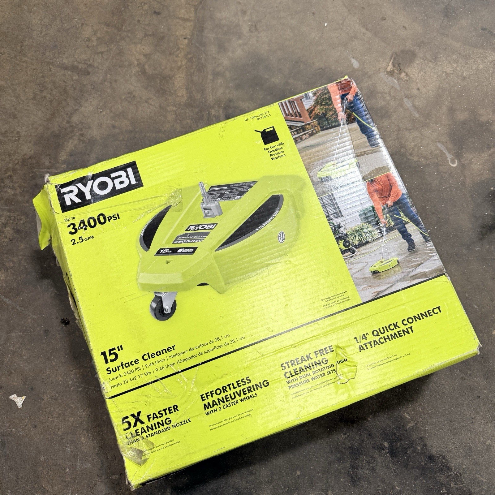 RYOBI 15 in. 3400 PSI Gas Pressure Washer Surface Cleaner with Caster Wheels