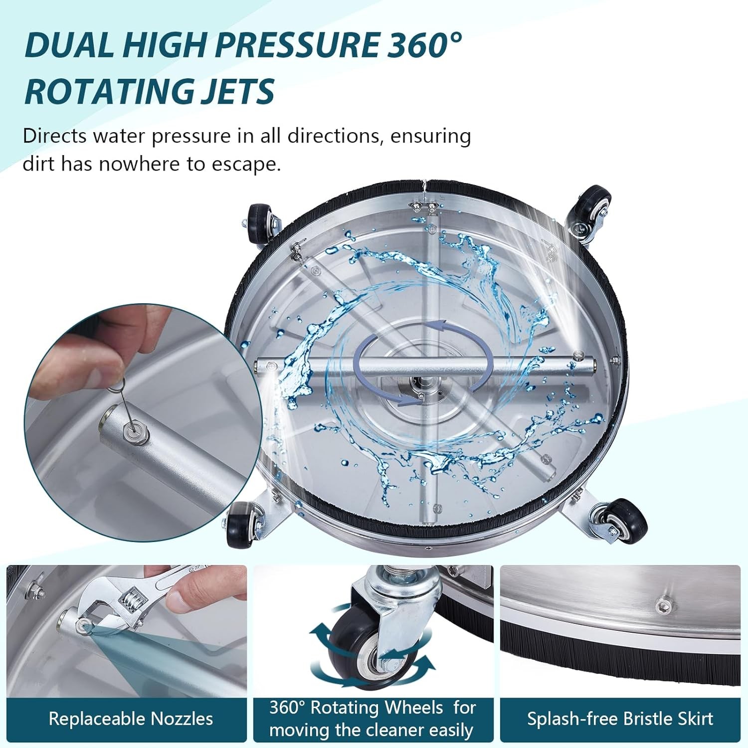 24″ Pressure Washer Surface Cleaner with Wheels & Handle Stainless Steel 4000PSI