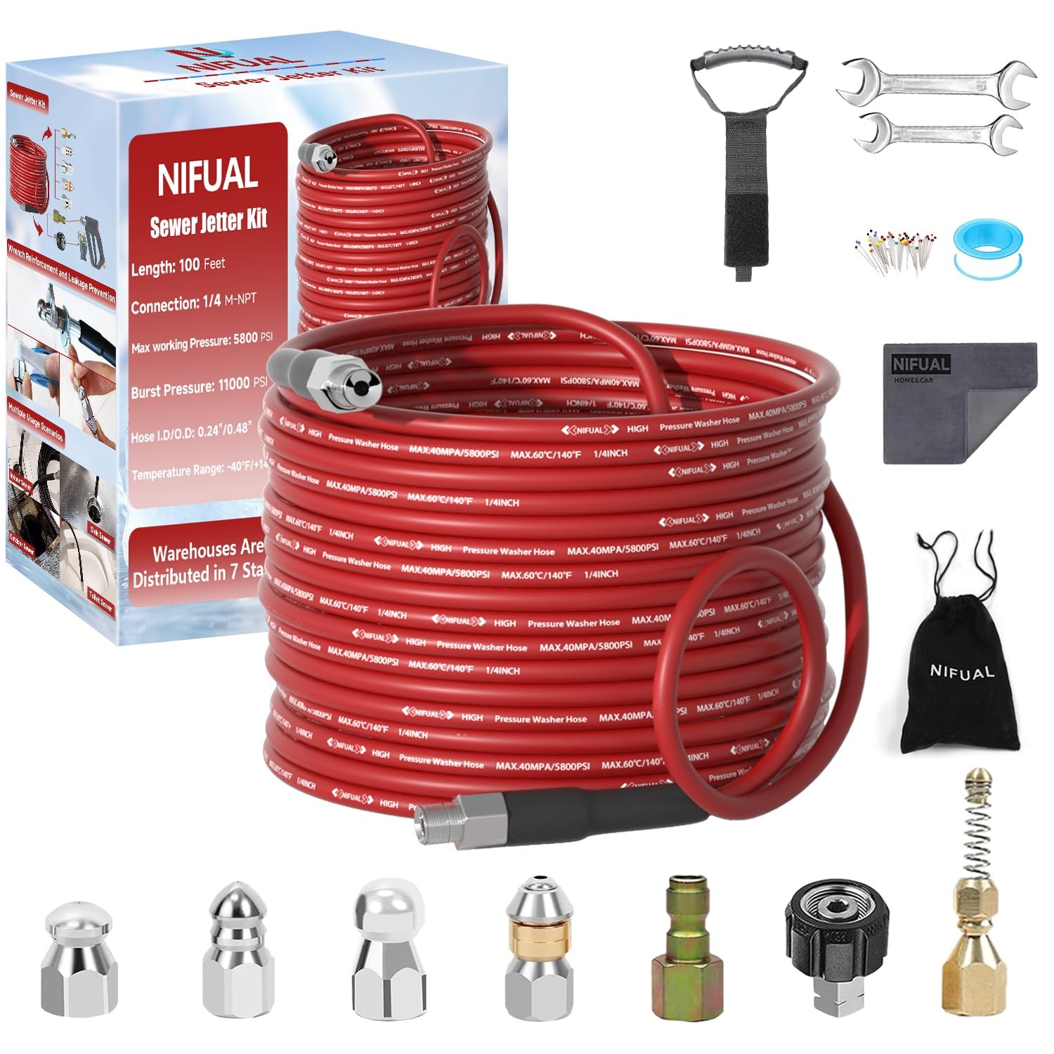 NIFUAL Sewer Jetter Kit for Pressure Washer100FT 5800PSI Pressure Drain Clean…