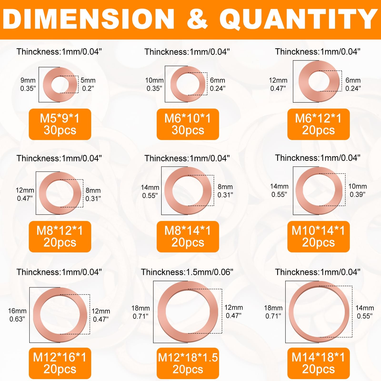 200 Pcs 9 Sizes Copper Metric Sealing Crush Washers Assortment Kit for Most Cars
