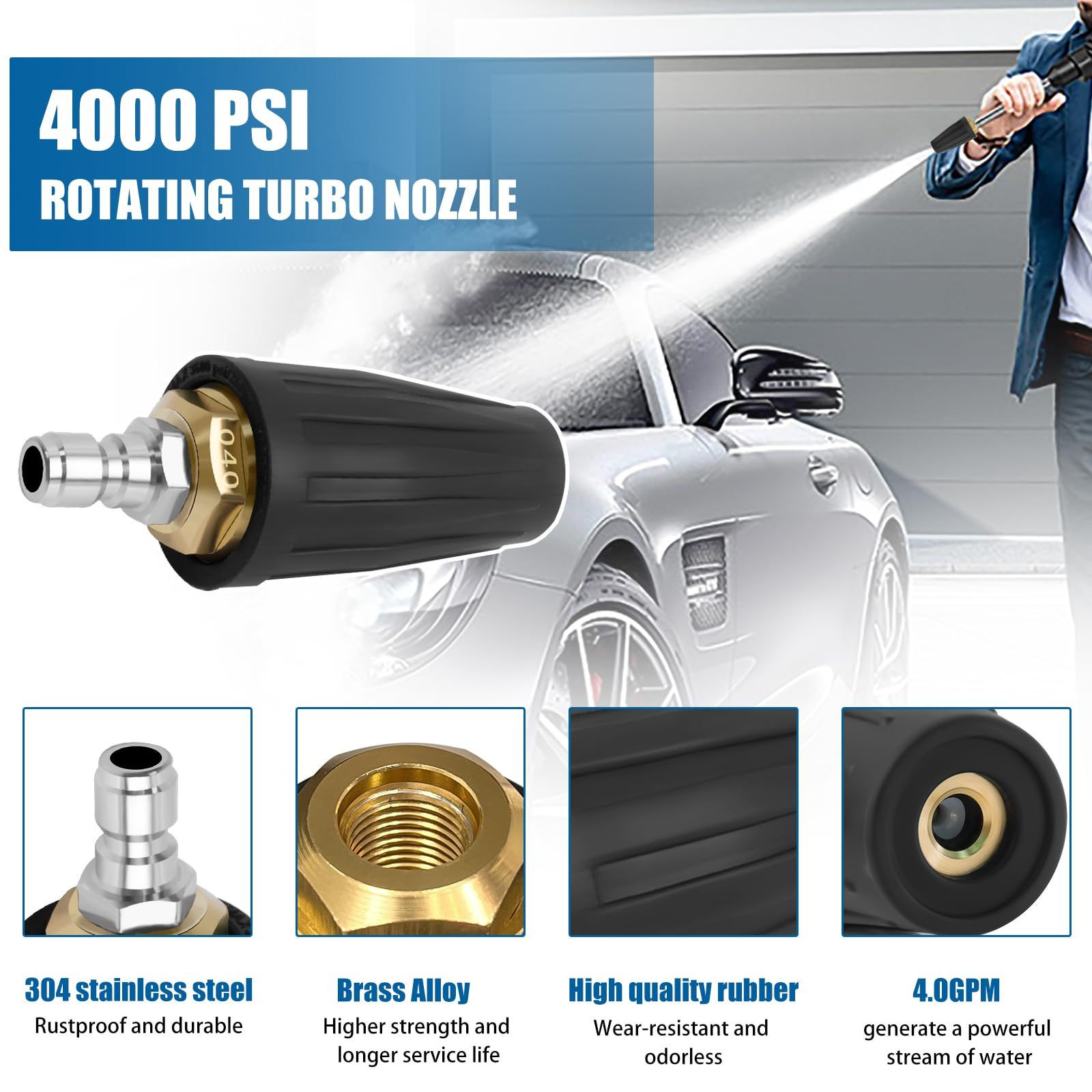 Pressure Washer Turbo Nozzle – 4000 PSI Rotating 360° Nozzle, 4.0 GPM, 4.0…
