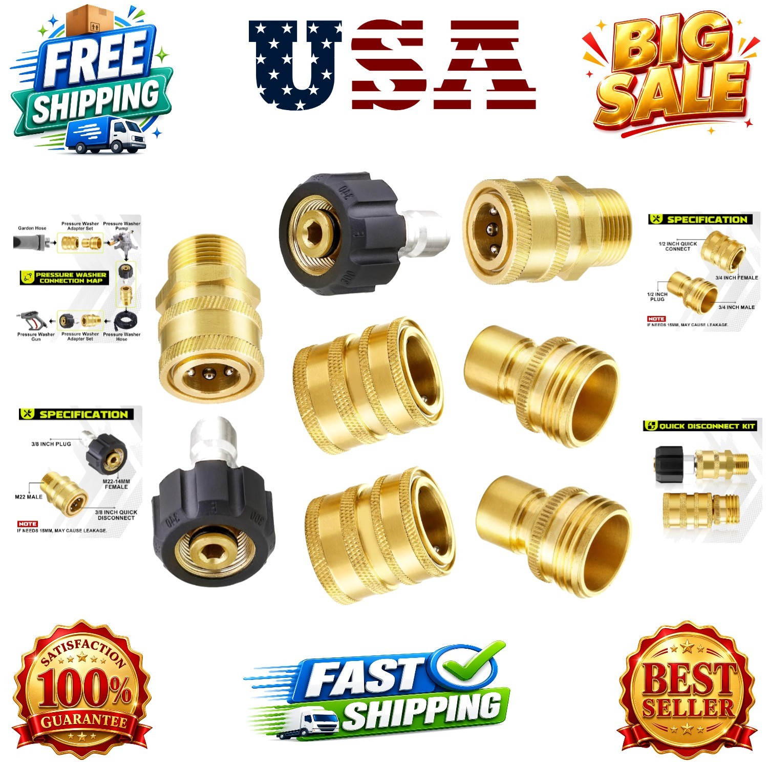 Ultimate Pressure Washer Adapter Set, Quick Disconnect Kit, M22 Swivel to 3/8…