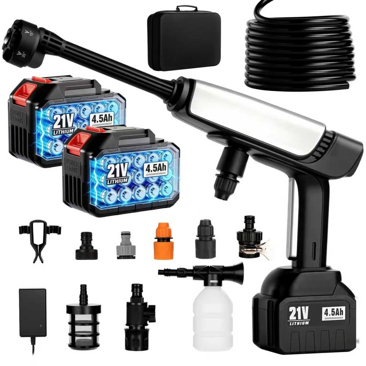 Portable Cordless Pressure Washer – Battery Powered, 2x 4.5Ah Batteries, 6-in-1