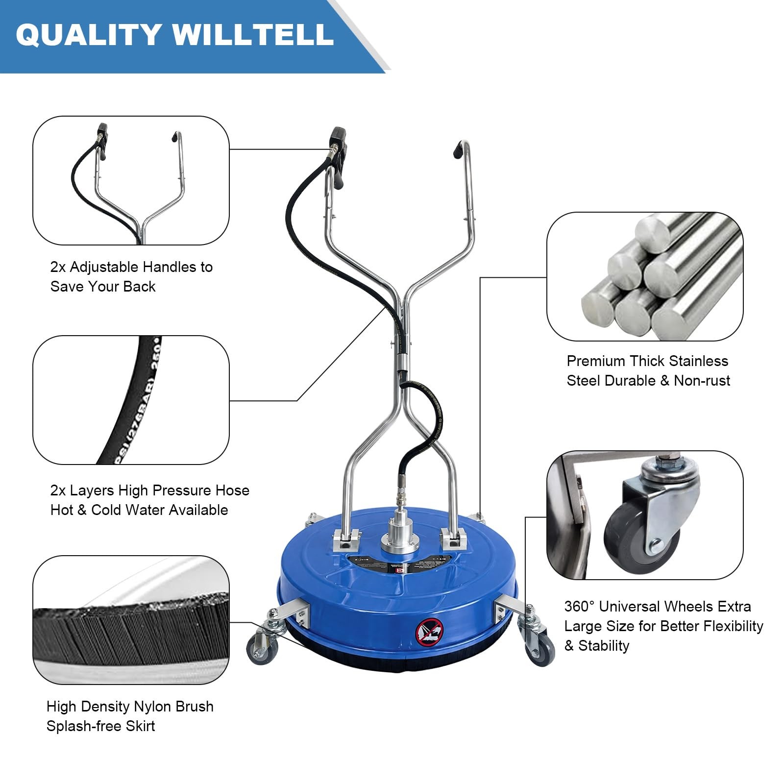 24″ Pressure Washer Surface Cleaner 4900PSI w/ Handles & Wheels Stainless Steel