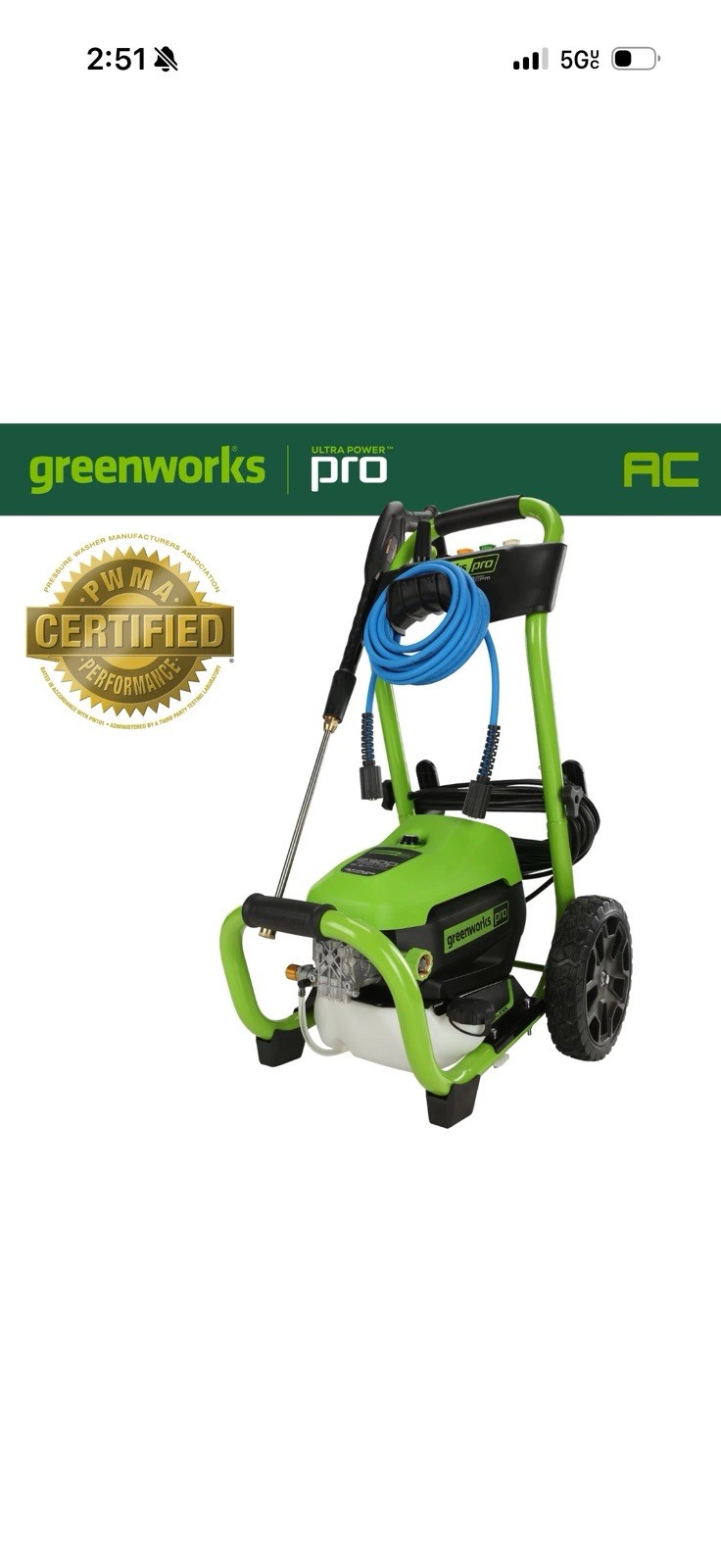 Greenworks – Pro Electric Pressure Washer up to 2300 PSI at 1.2 GPM – Green