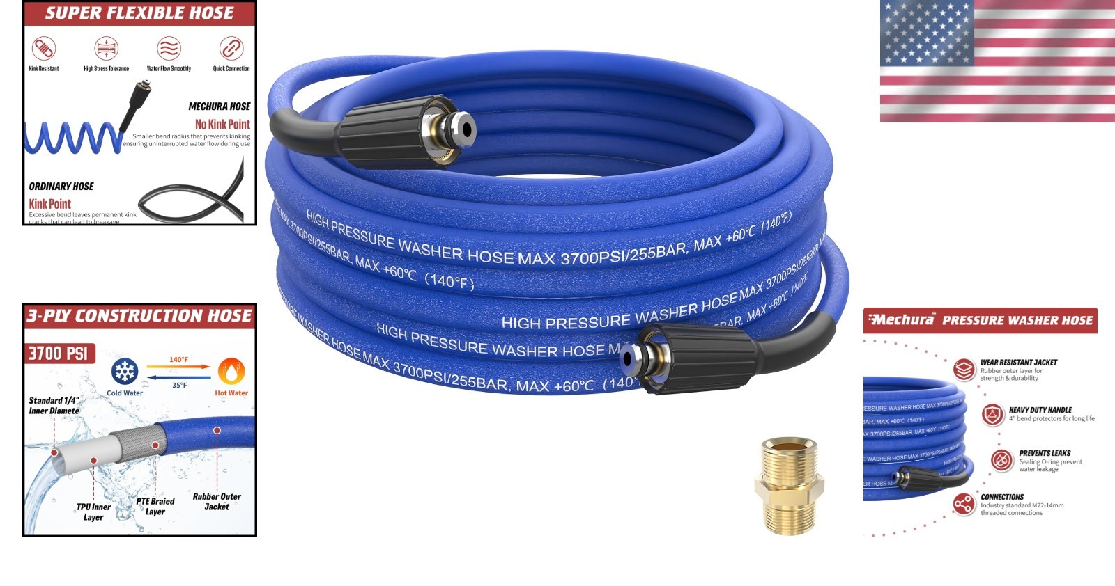 25 FT Pressure Washer Hose – 3700 PSI Super Flexible & Kink-Resistant Design