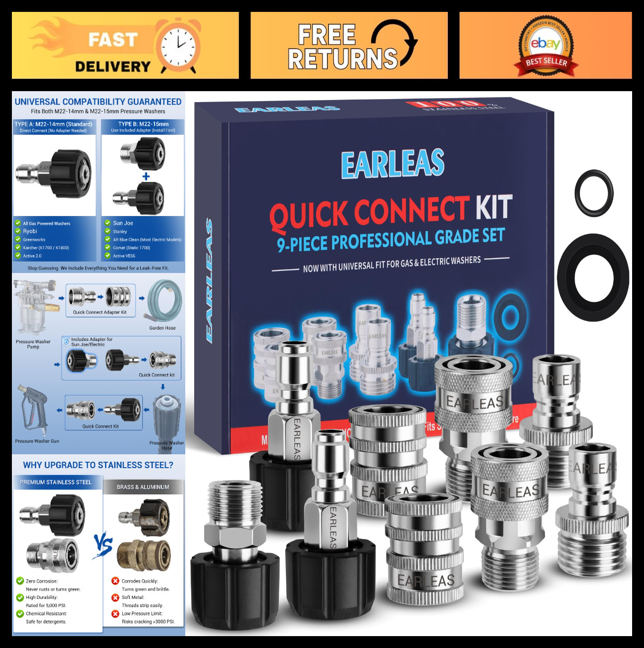 9-Piece Quick Connect Pressure Washer Adapter Kit, M22 to 3/8″ & Garden Hose Fit