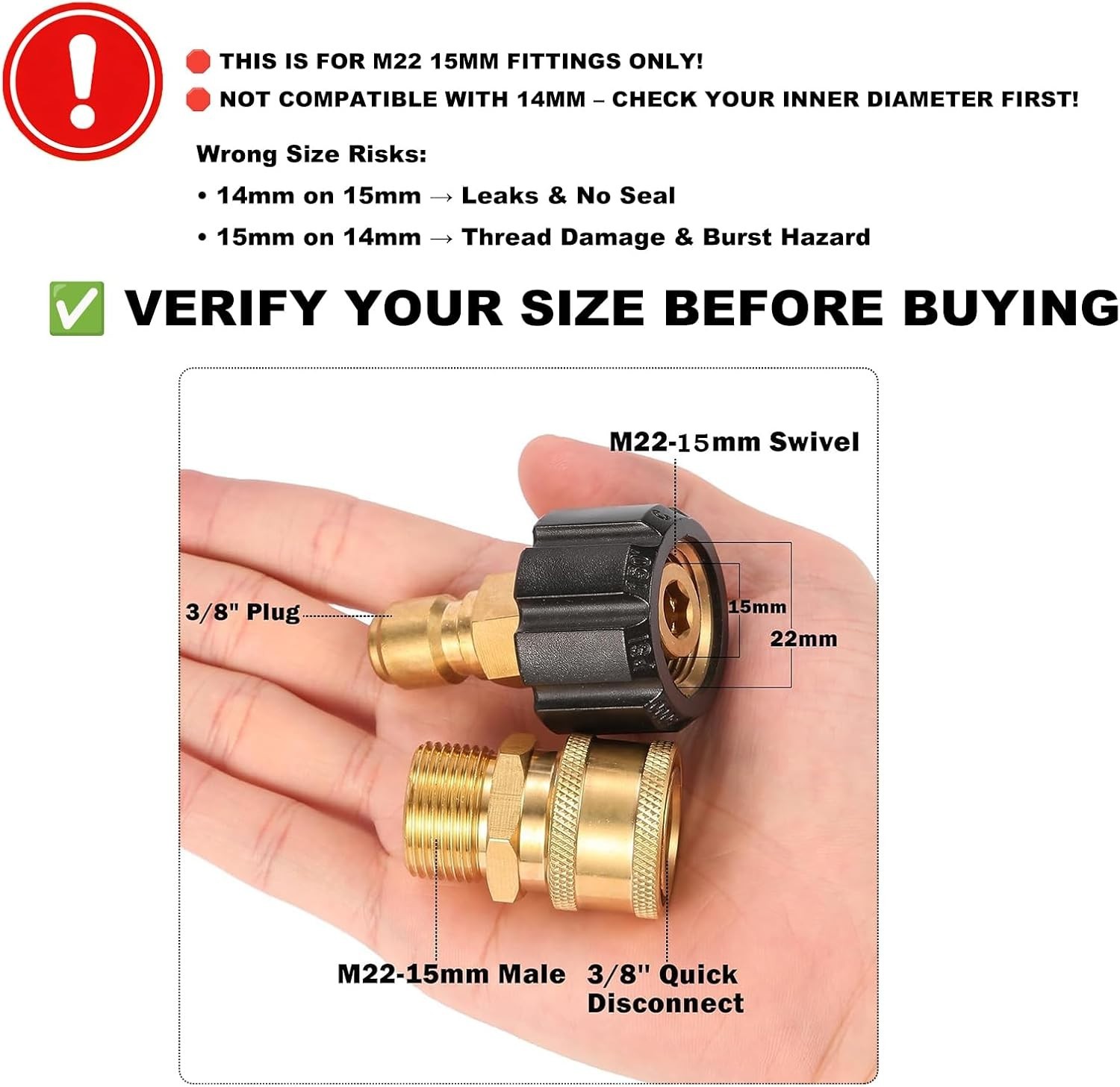 Quick Connect Kit M22 15mm to 3/8 Inch for Pressure Washer Fittings