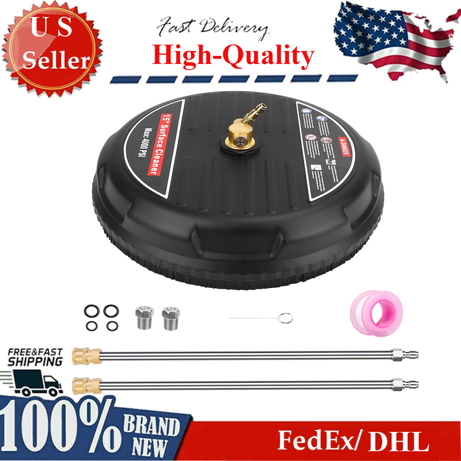 15″ Pressure Washer Surface Cleaner, Power Washer Attachment w/ 2 Extension Wand