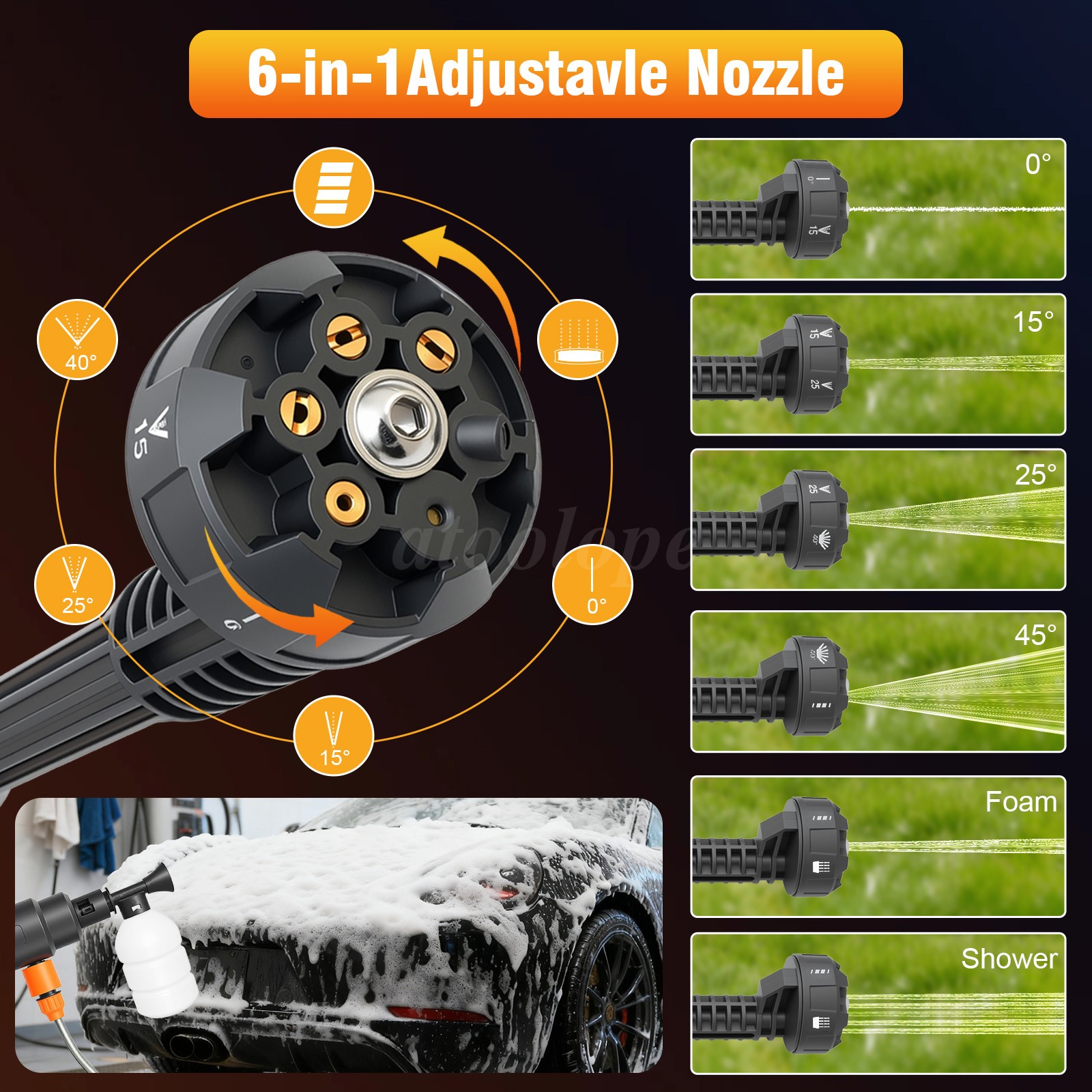 Cordless Pressure Washer Portable Power Washer 6in1 Adjustable Nozzle & 2Battery
