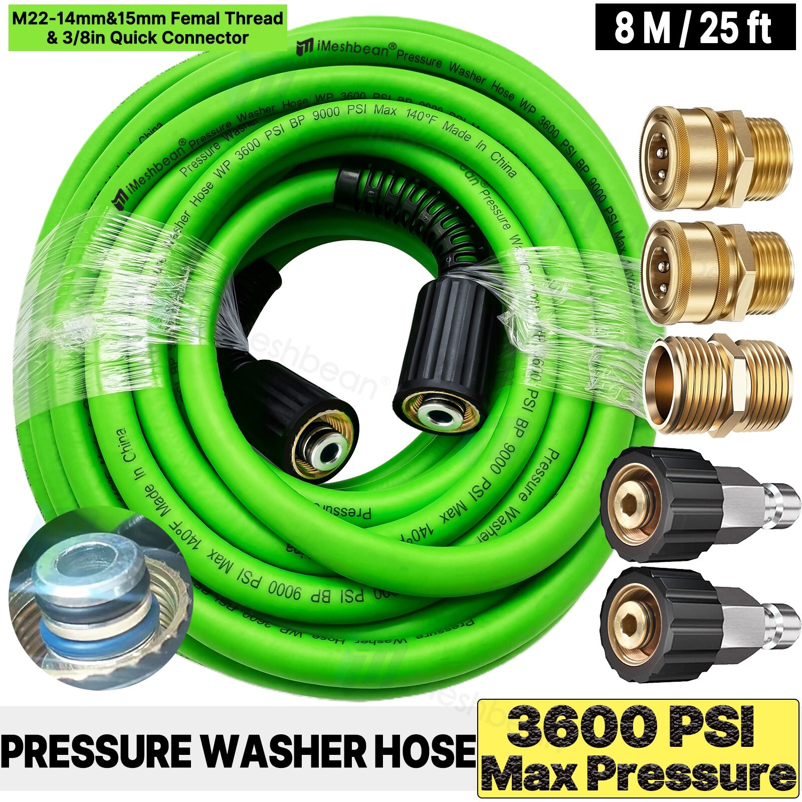 M22-14&15mm&3/8″ High Pressure Washer Hose 25ft 3600PSI Powe Flexible Extension
