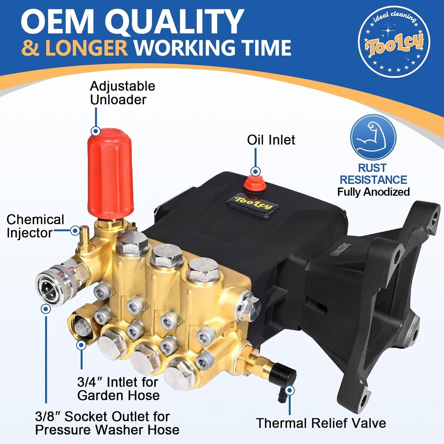 TOOLCY 4300 PSI Pressure Washer Pump 1″ Shaft Horizontal Triplex Plunger 4.0 GPM