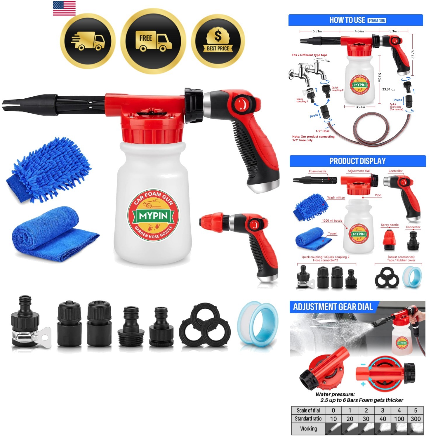 Car Foam Cannon Foam Gun Garden Sprayer 16 in 1 Adjustable Hose Wash