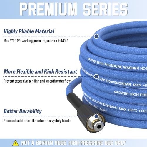 Super Flexible Pressure Washer Hose 50FT x 1/4″, 3700 PSI Kink Blue Rubber