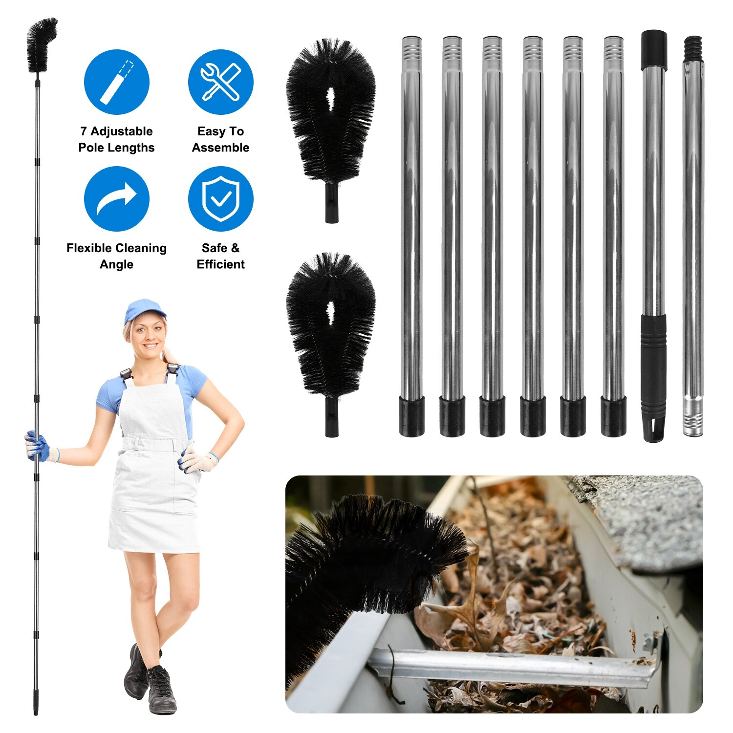 Gutter Cleaning Tools from the Ground Adjustable Rain Gutter Cleaning 2 Brushes