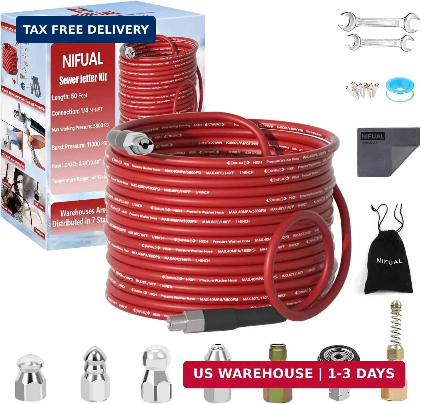 NIFUAL Sewer Jetter Kit for Pressure Washer,50FT 5800PSI Pressure Drain Cleaner