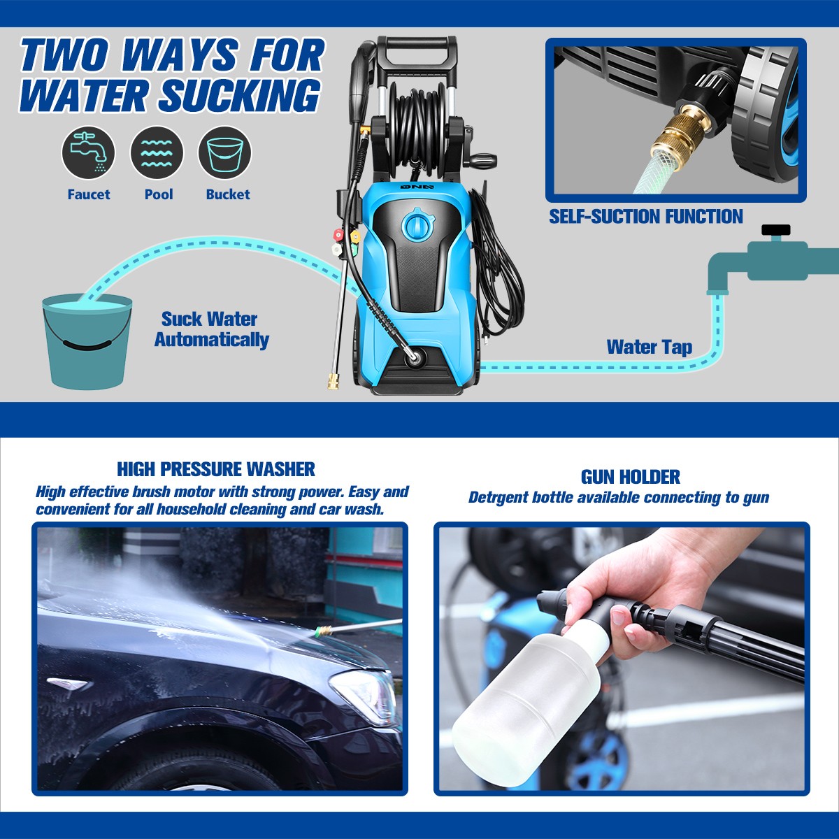 2176 PSI 2.4 GPM High-Pressure Electric Power Cleaner Car Washer Machine Blue