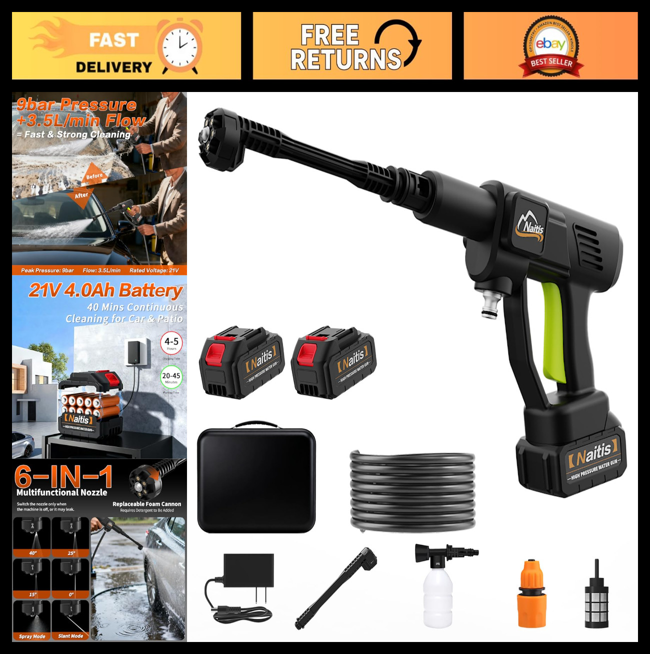 1200 PSI Cordless Pressure Washer, 21V, 2 Batteries, 6-in-1 Nozzle & Foam Cannon