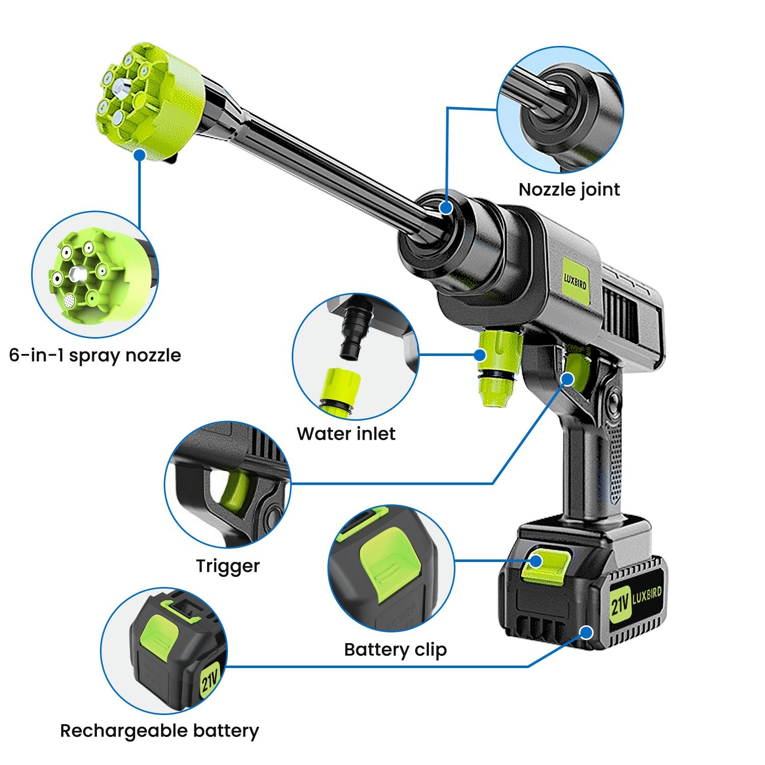 Cordless Portable Washer 21V Electric High Pressure Water Gun with 6-in-1 Spray