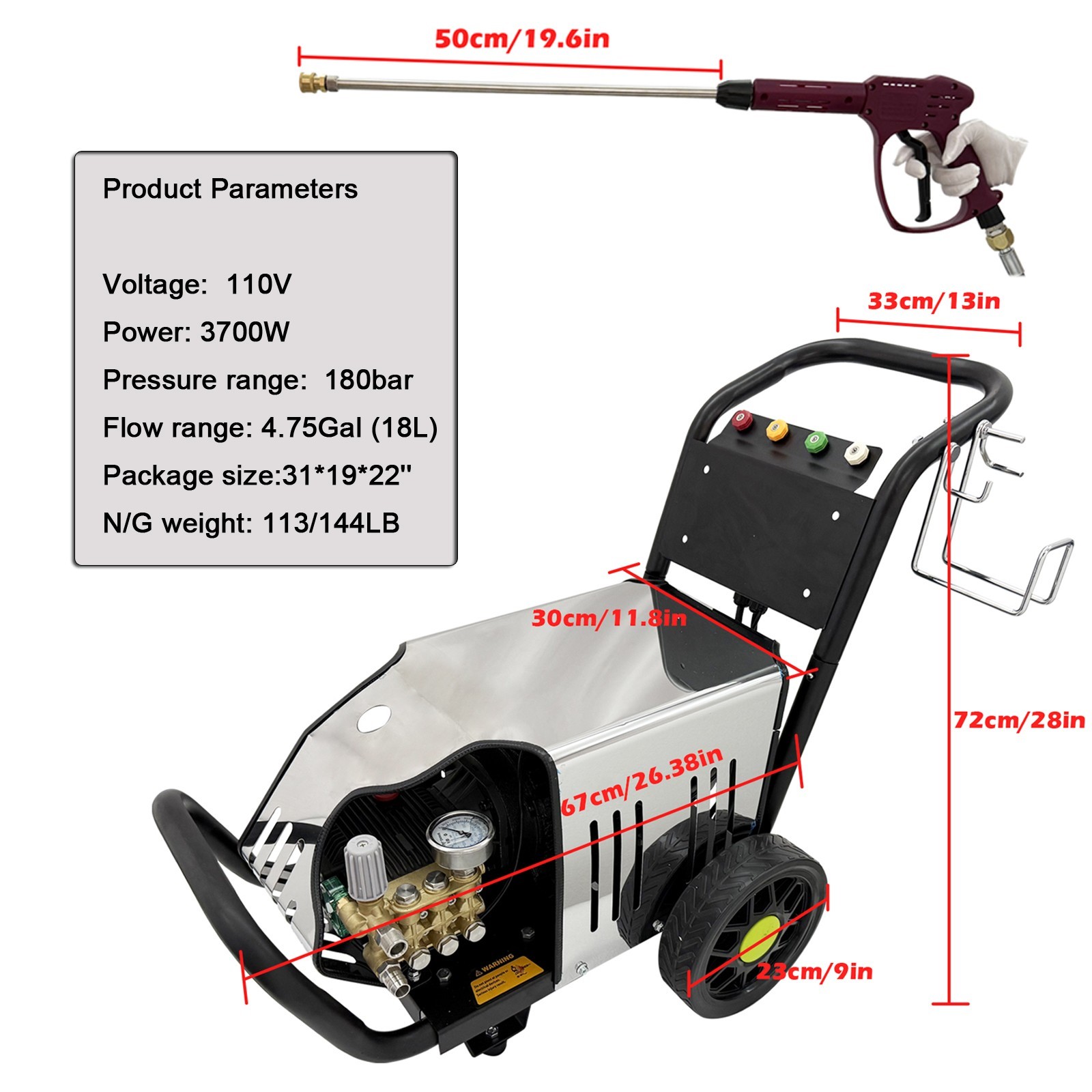 Electric Pressure Washer 110V, 3700W, 180Bar, 4.75Gal/min 4 Types Spray Nozzles