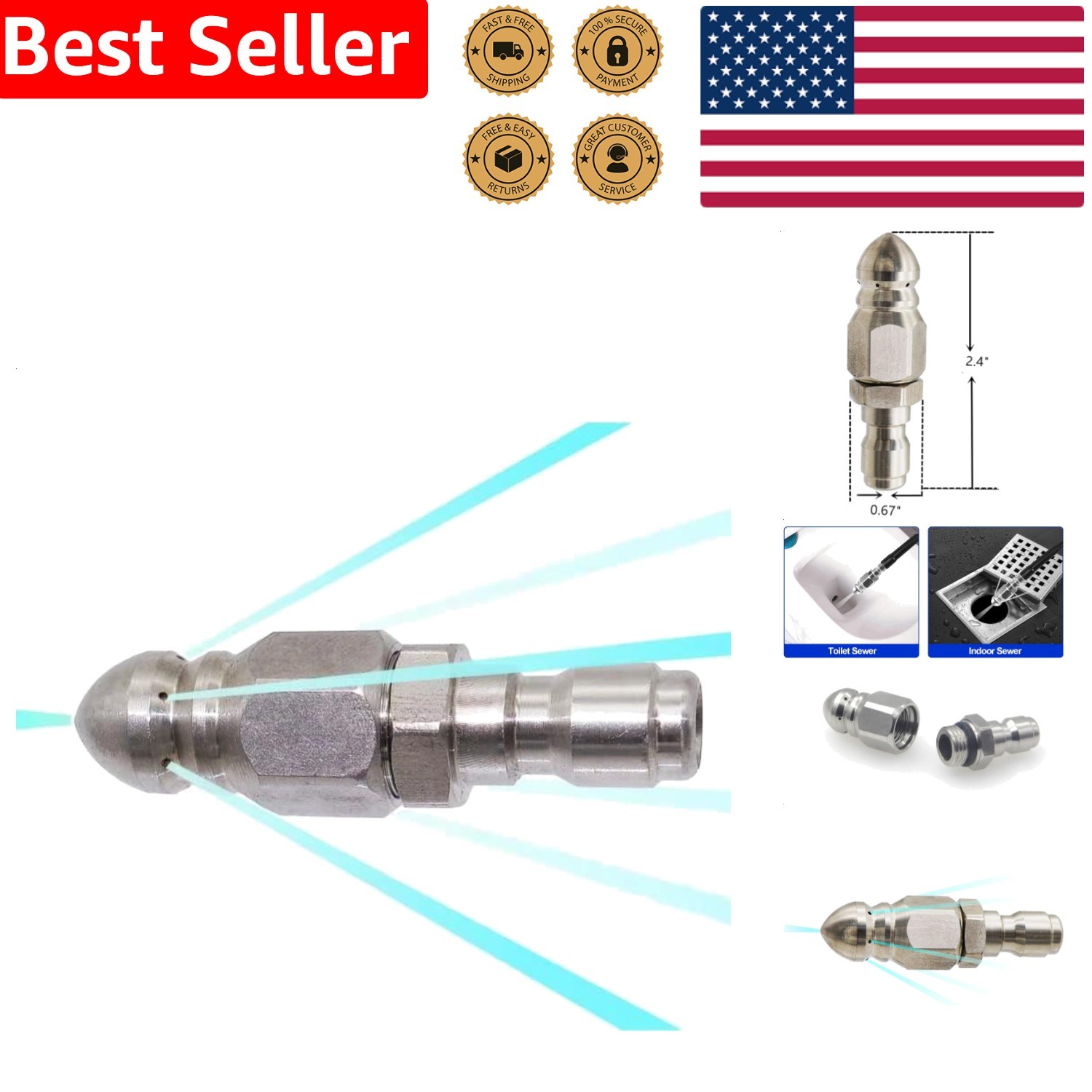 Quick Connect Stainless Steel 5000 PSI Cleaning Tool