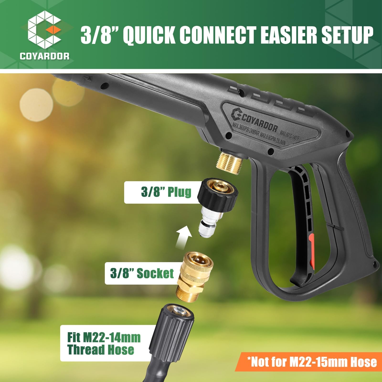 Pressure Washer Gun 3600 PSI with Extension Wand, 3/8″ & M22-14mm