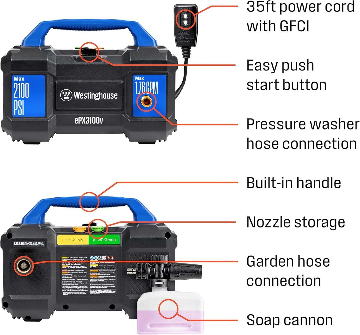 Westinghouse ePX3100v Electric Pressure Washer, 2100 Max PSI 1.76 Max GPM, Built
