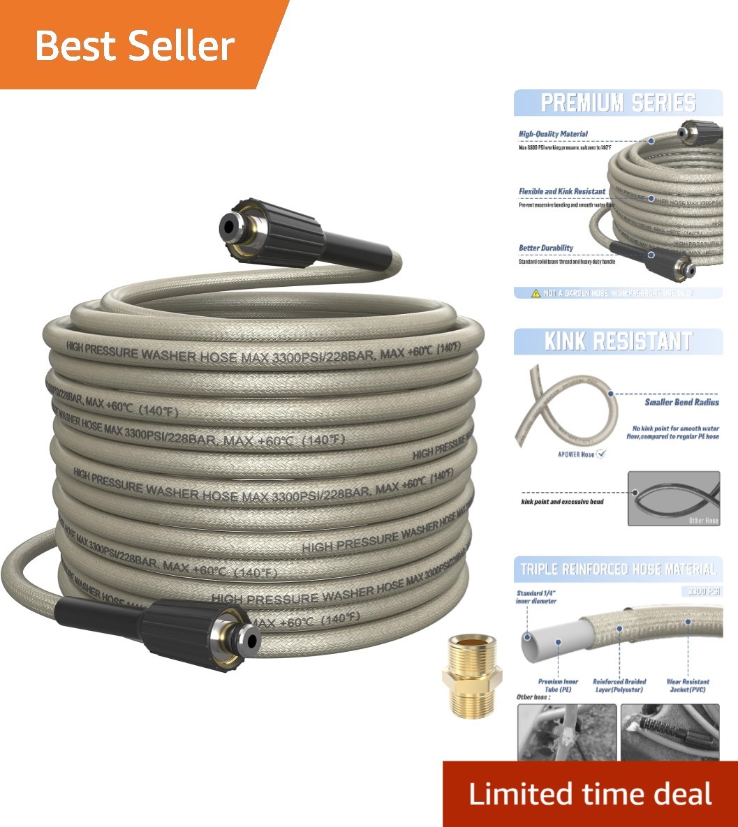 50 FT PVC High Pressure Washer Hose with Kink Resistance & Quick Connect – Gray