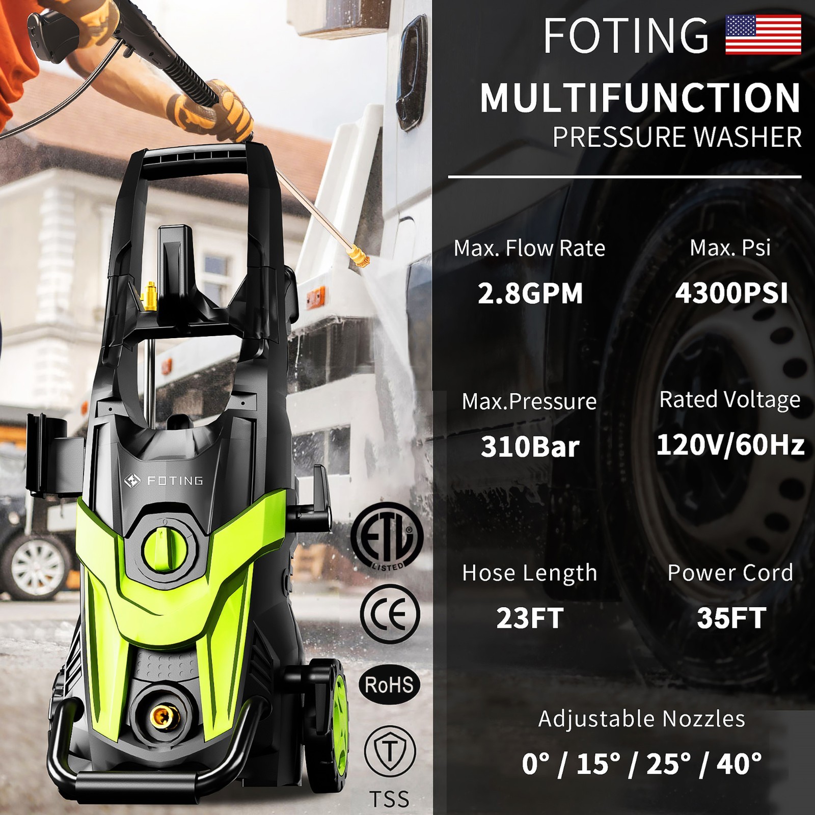 High Pressure Washer 4300PSI 2.8GPM with 4 Quick Connect Nozzles