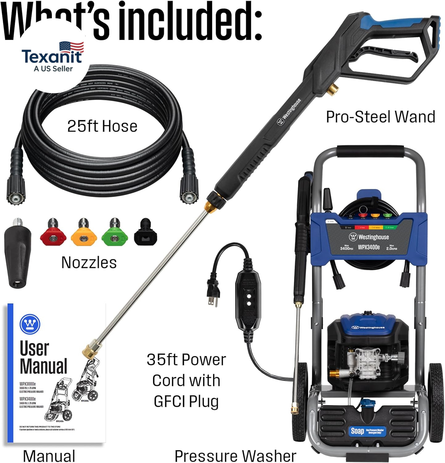 Wpx3400E Electric Pressure Washer, 3400 Max PSI and 2.0 Max GPM, Brushless Motor