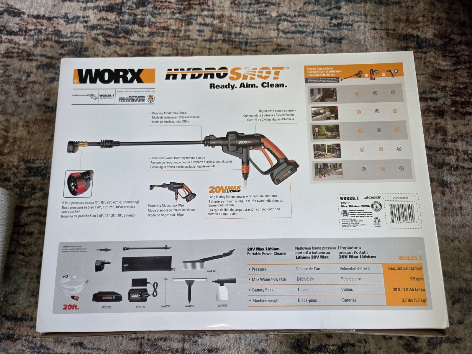 WORX Hydroshot 20V Cordless Portable Power Cleaner WG629.1 NEW SEALED 320 PSI