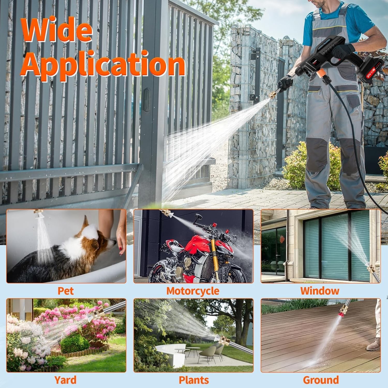 1500W Cordless Pressure Washer, Portable Battery Power Washer with Hose & Nozzle