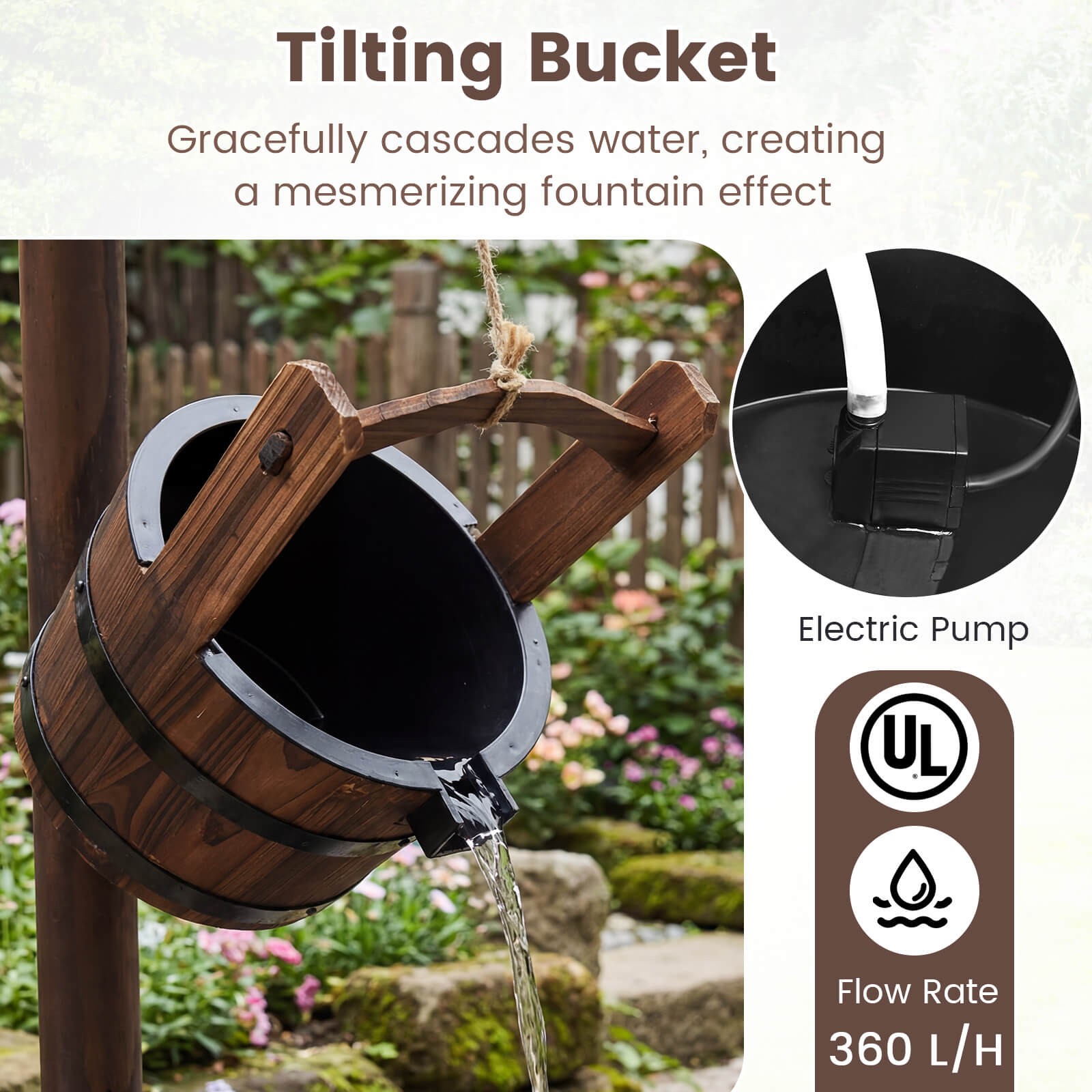 Garden Rustic Wishing Well Water Fountain Wooden Electric Backyard Pump Outdoor