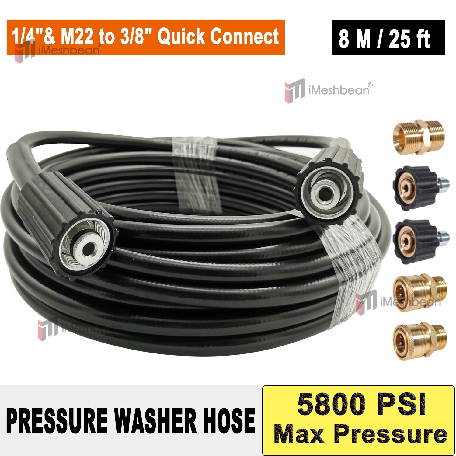 25FT 5800PSI Replacement High Pressure Power Washer Hose M22- 3/8″ Quick Connect