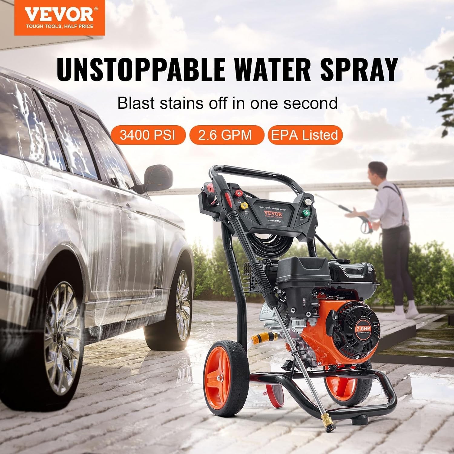 Gas Powered Pressure Washer 3400 PSI 2.6 GPM, with Spray Gun and Extension Wa…